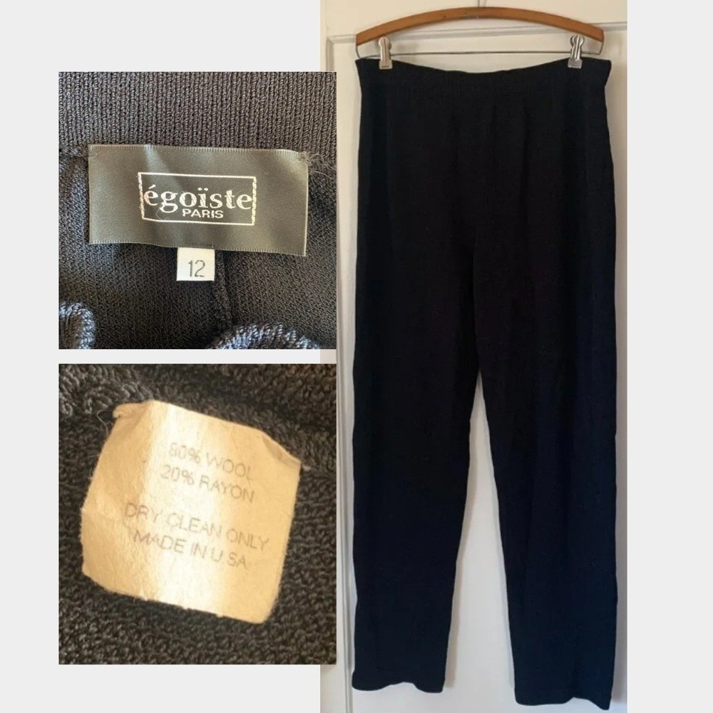 Egoiste Paris Black Wool Blend Knit Straight Leg Trousers Pants Size 12 Made USA